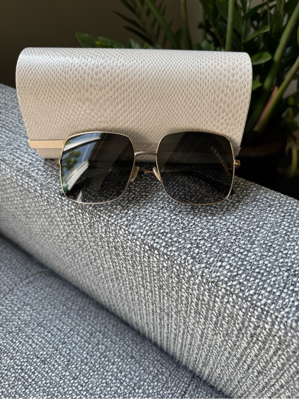 Jimmy Choo Gold Square Sunglasses with Black Gradient Lenses, Brand New